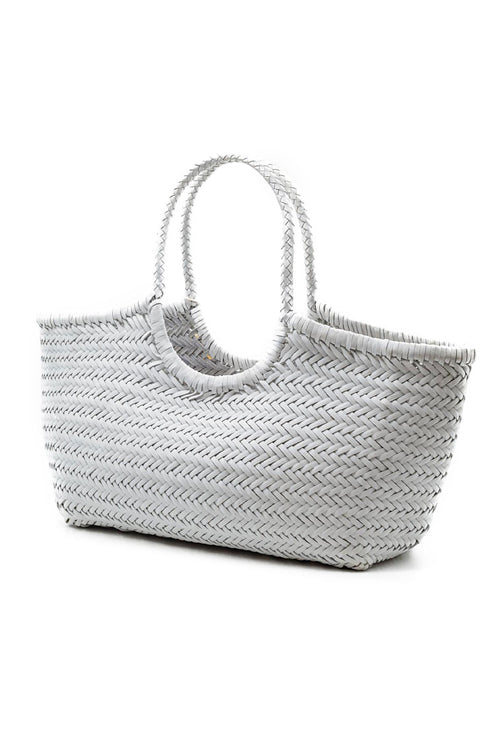 Large woven tote bag with oval loop handles, off-white zigzag weave