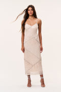 Sequin maxi dress, shimmery peach, spaghetti straps and V-neck front
