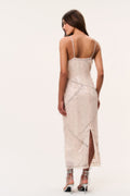 Sequin maxi dress back view in light peach with thin straps and open back