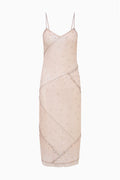 Sequin maxi dress in light peach, spaghetti straps, V-neck and slit hem