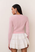 Fitted pink cashmere cardigan, button-front, long sleeves, back view