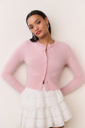 Fitted pink cashmere cardigan, round neckline, button-front, long sleeves