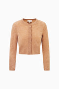Fitted brown cashmere cardigan, button-front, long sleeves, cropped