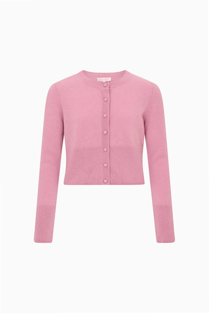 Tween wool cardigan, fireside pink button-front, long sleeves, V-neck