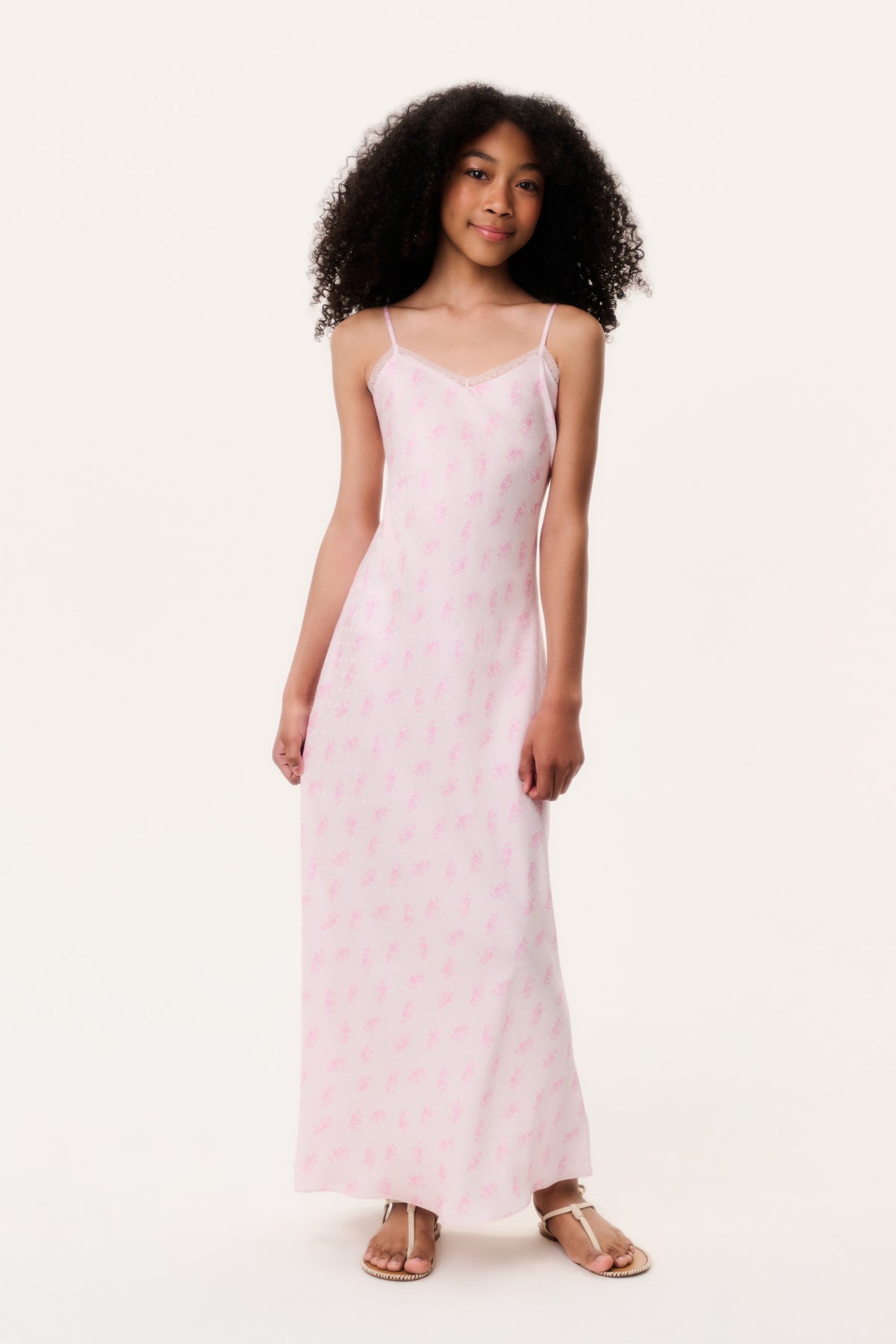 Tween silk-blend slip dress, pale pink floral print, scoop neckline and thin spaghetti straps