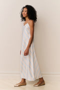 Light blue and white striped sleeveless maxi dress with thin spaghetti straps