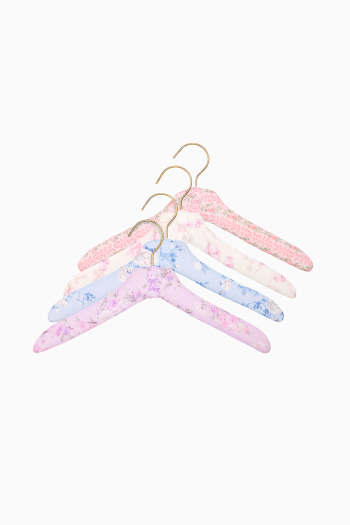 Set of 4 pastel fabric print hangers, multi-color floral patterns and wooden hooks