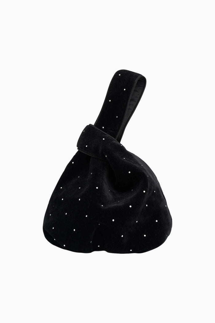 Black embellished velvet pouch purse with knotted top handle