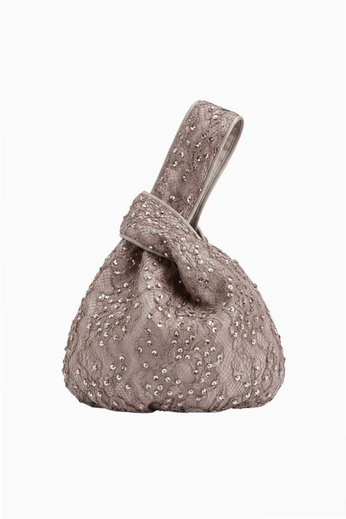 Pewter sequin lace mini purse with gathered top and short loop handle
