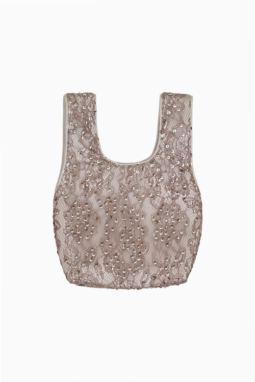 Pewter sequin lace mini purse with U-shaped opening and short handle