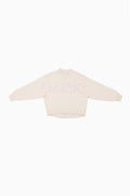 Cream mockneck crew sweatshirt with pink dotted graphic across the upper back