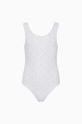 Girls Aldora one-piece swimsuit, white with small allover print, sleeveless