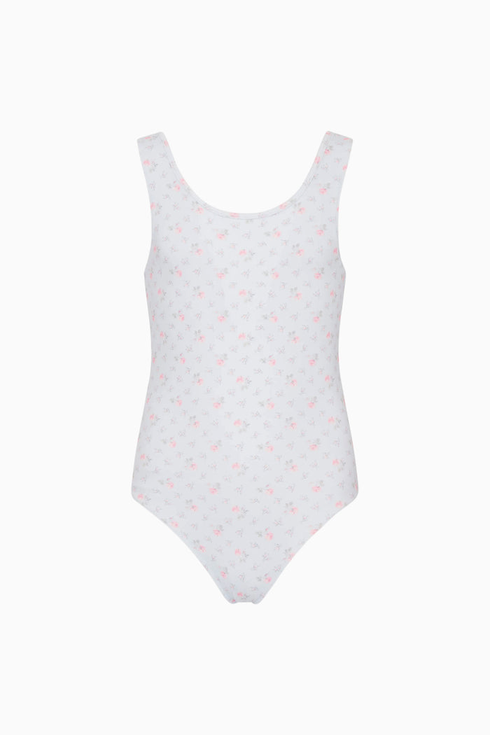 Girls Aldora one-piece swimsuit, white with small allover print, sleeveless