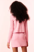 Pink checkered knit jacket, button front, scalloped hem, long sleeves