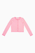 Pink checkered knit jacket top with button front and long sleeves