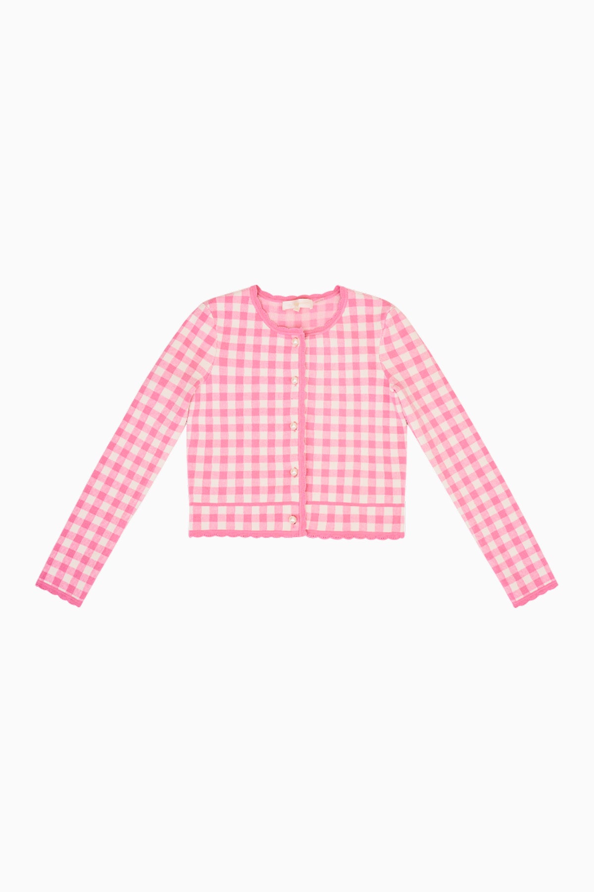 Pink checkered knit jacket top with button front and long sleeves