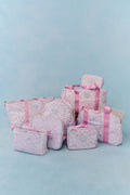 Floral travel set with large tote, matching pouches, pink straps, heart patch