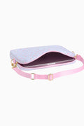 Floral laptop case open to show interior, pink strap, heart front detail