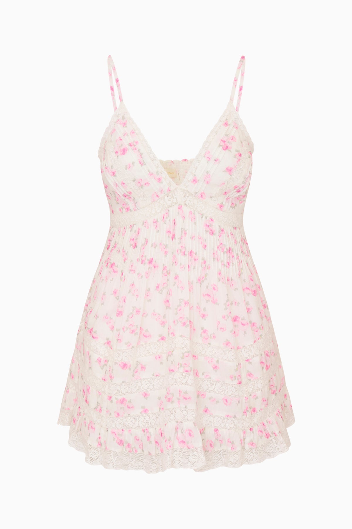 White floral mini dress with spaghetti straps and tiered ruffle hem, pink pattern
