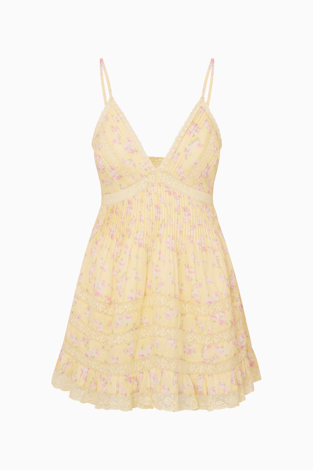 Floral mini dress with spaghetti straps and tiered ruffle hem, light yellow base