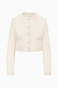 Ivory cropped tweed jacket, button-front and flap pockets, long sleeves