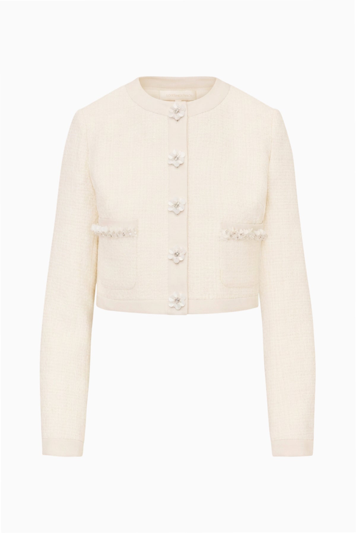 Ivory cropped tweed jacket, button-front and flap pockets, long sleeves