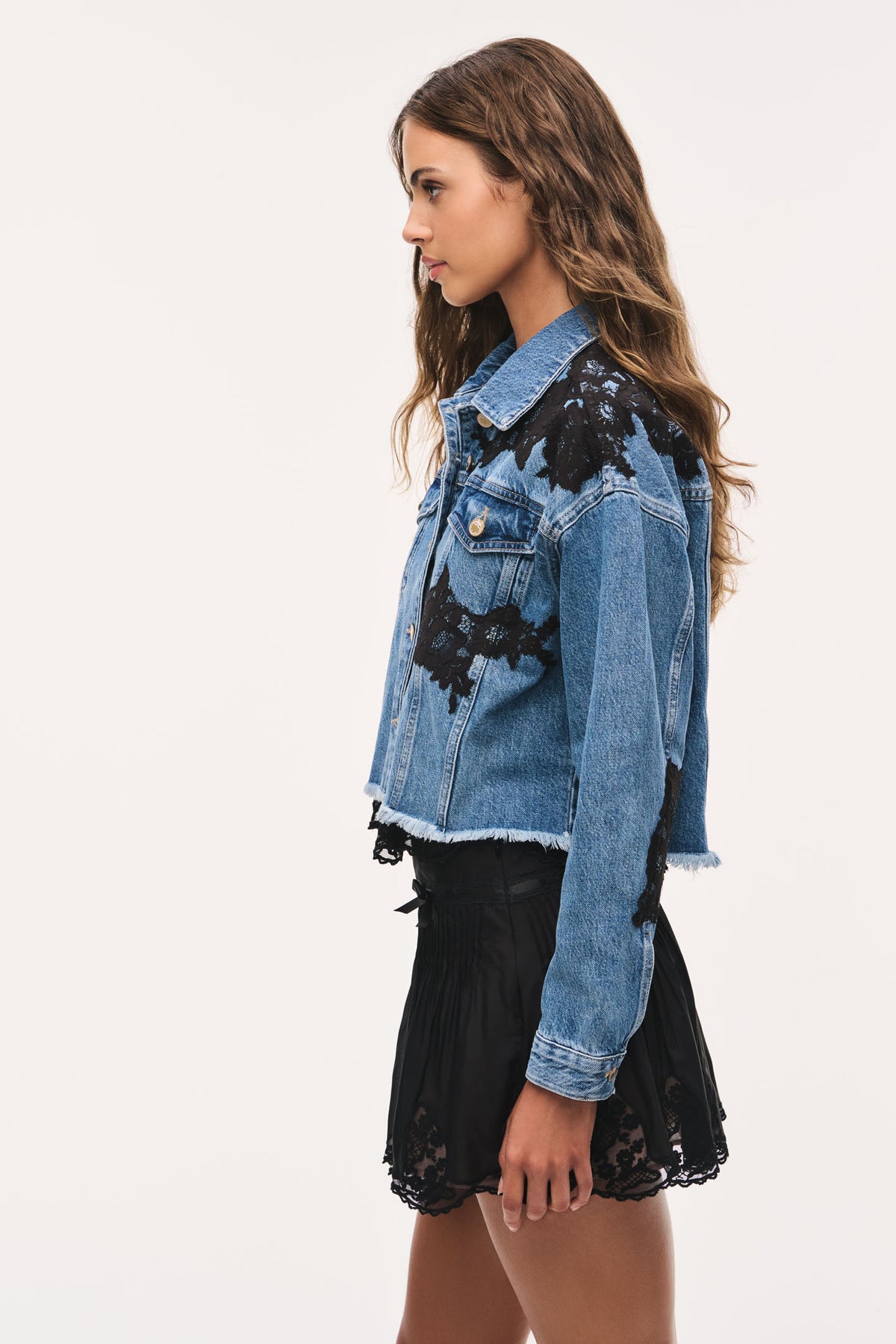 Amana lace appliqué denim jacket, cropped blue jean jacket with black lace overlay