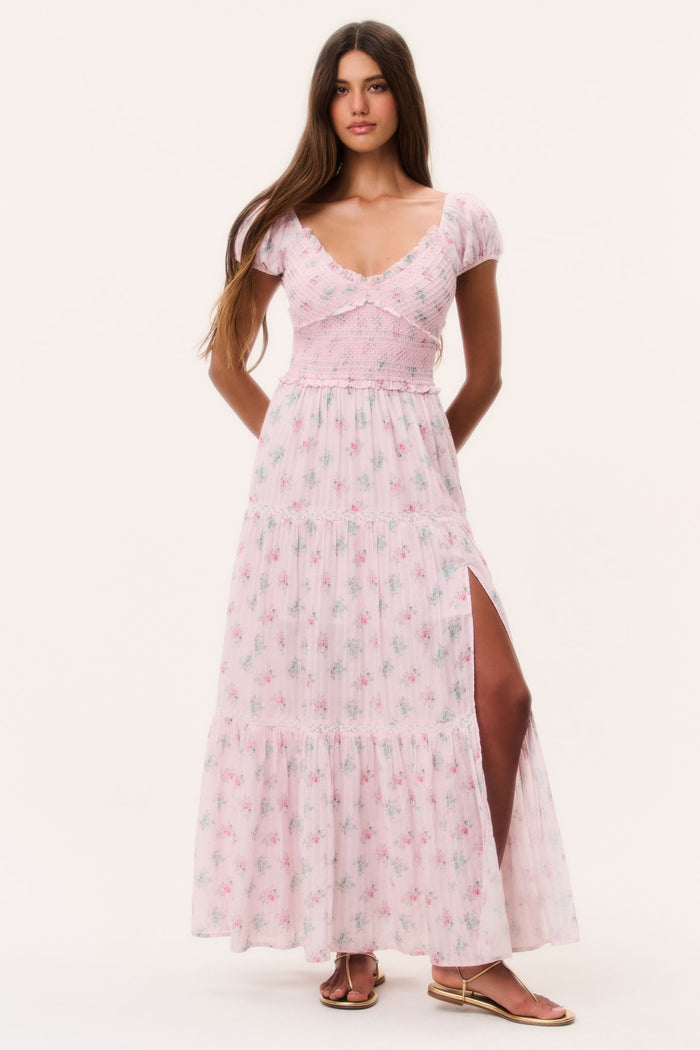 Floral cotton maxi dress in pale pink with puff sleeves and lace-trim square neckline