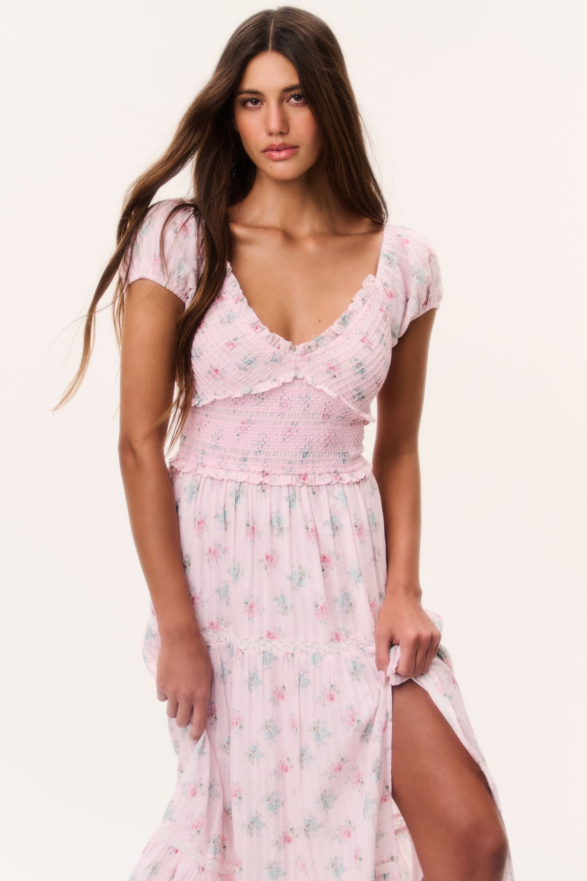 Floral cotton maxi dress with scalloped V-neck, puff sleeves, and front slit