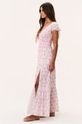 Floral cotton maxi dress in pale pink with puff sleeves and side front slit