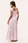 Floral cotton maxi dress with square back, puff sleeves, smocked waist, and tiered skirt