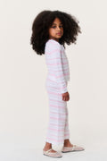 Girls crochet cardigan with pink-and-white stripes, long sleeves, worn with matching pants.