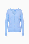 Light blue cashmere cardigan with V-neck, button front, and patch pockets