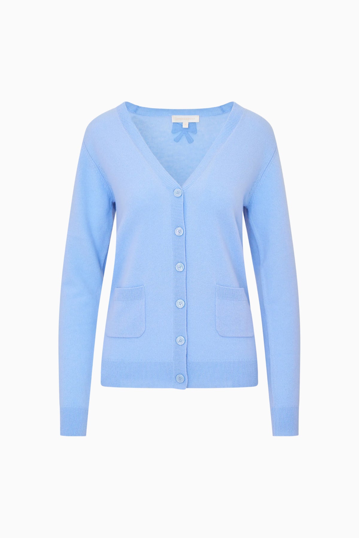 Light blue cashmere cardigan with V-neck, button front, and patch pockets
