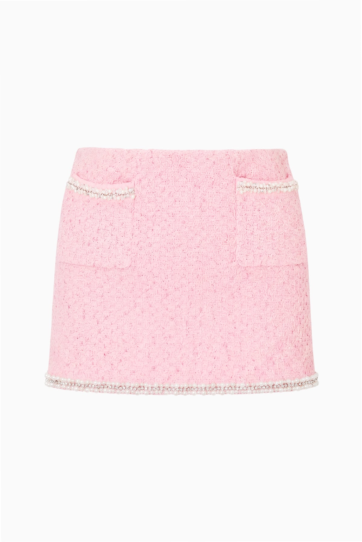 Pink knit tweed mini skirt with contrast trim and straight mini hem