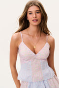 V-neck spaghetti strap tiered cami top, pastel pink and blue floral pattern