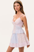 Tiered spaghetti-strap mini dress, sleeveless V-neck with thin straps