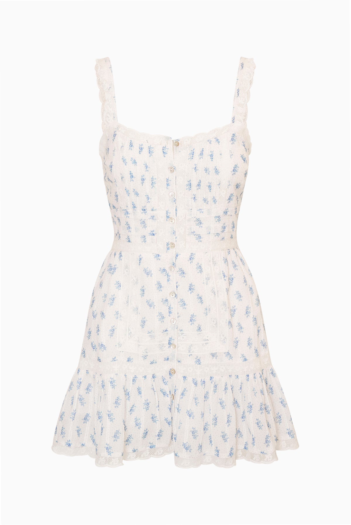 Light blue printed mini dress with square neckline, lace-trim straps, tiered ruffle hem.