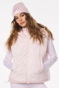 Light pink printed puffer vest with hood up and front zipper