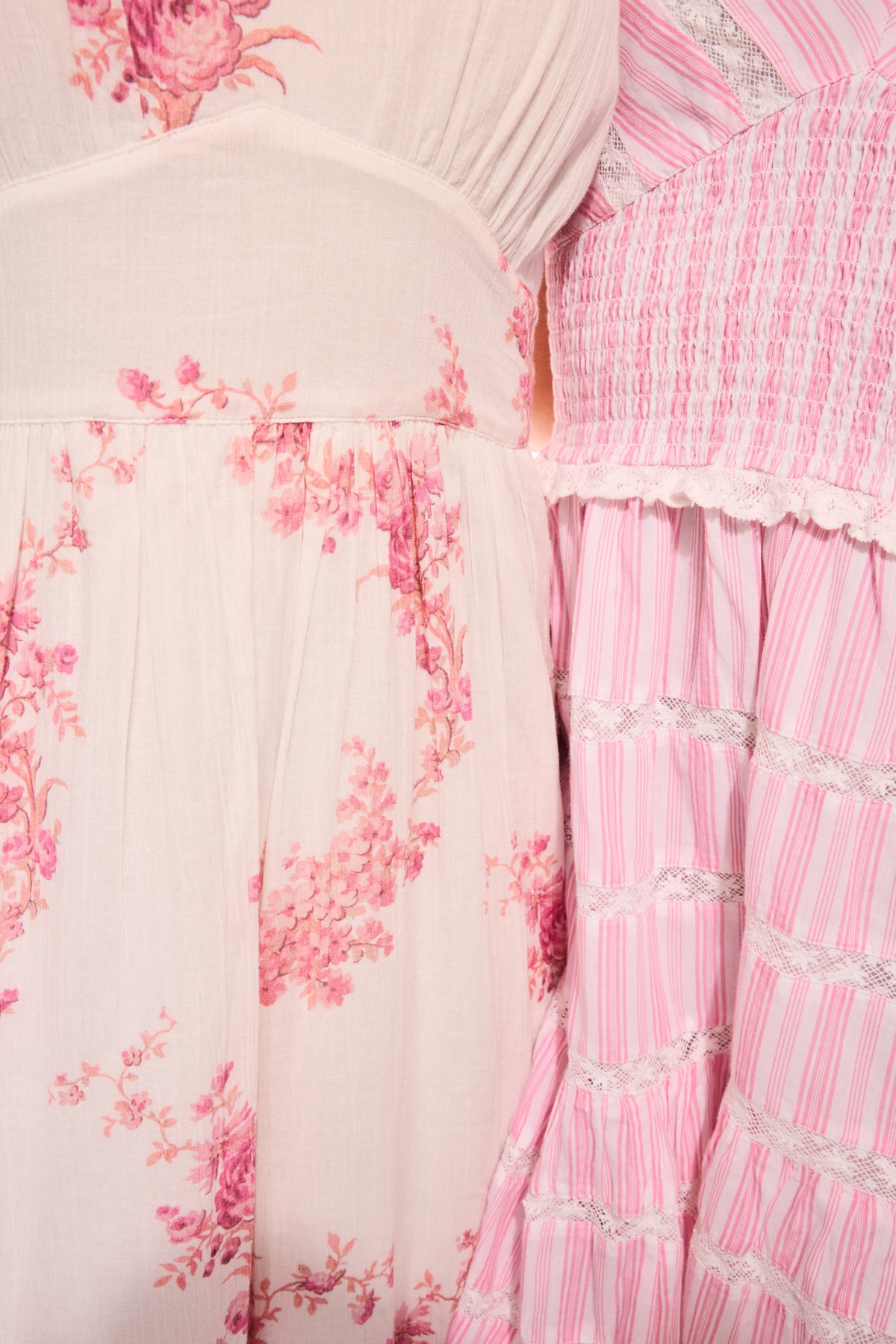 Upcycled cotton midi dress close-up: pink floral panels, ruffle tiers and striped texture