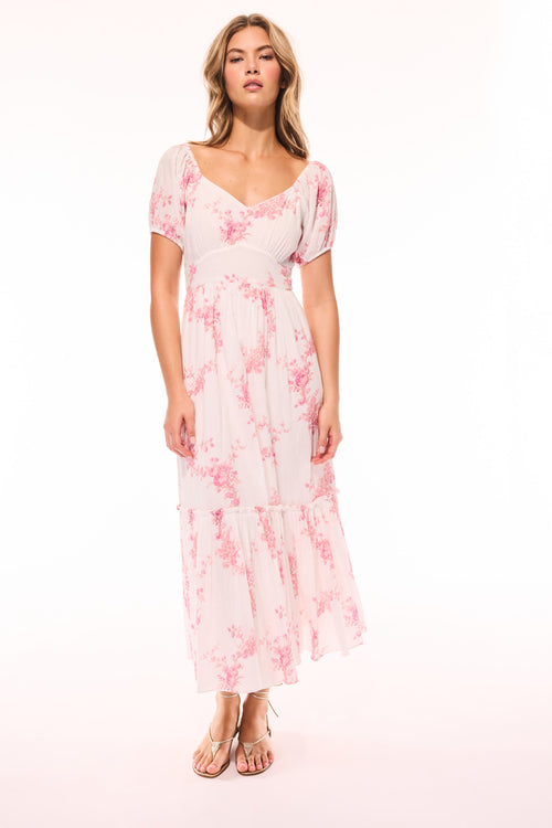 Upcycled cotton midi dress, V-neck, short puff sleeves, and layered ruffle hem
