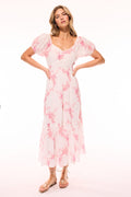 Upcycled cotton midi dress, V-neckline, short puff sleeves, and tiered midi length skirt