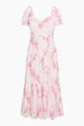 Upcycled cotton midi dress, off-white with pink floral print, tiered skirt and puff sleeves