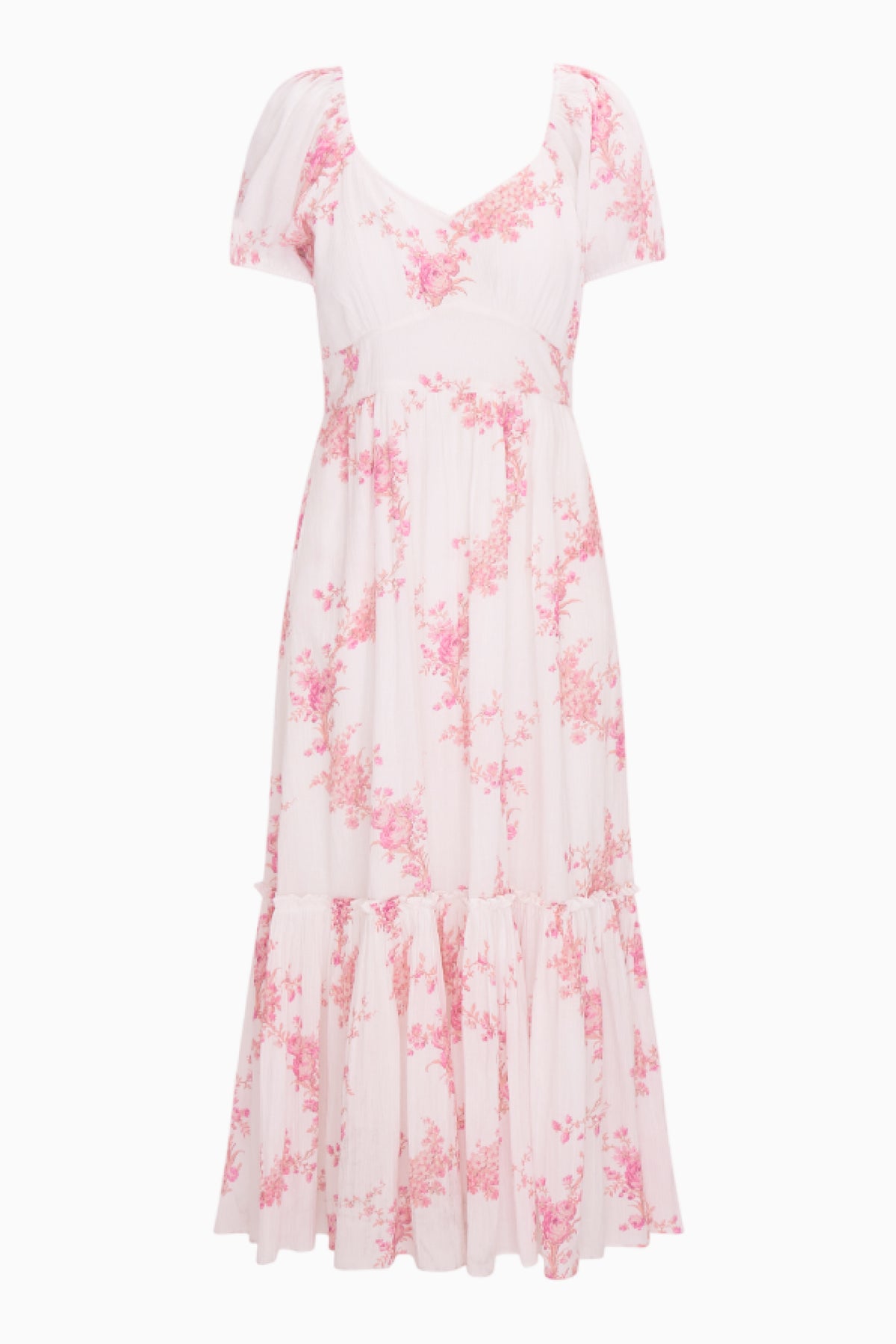 Upcycled cotton midi dress, off-white with pink floral print, tiered skirt and puff sleeves