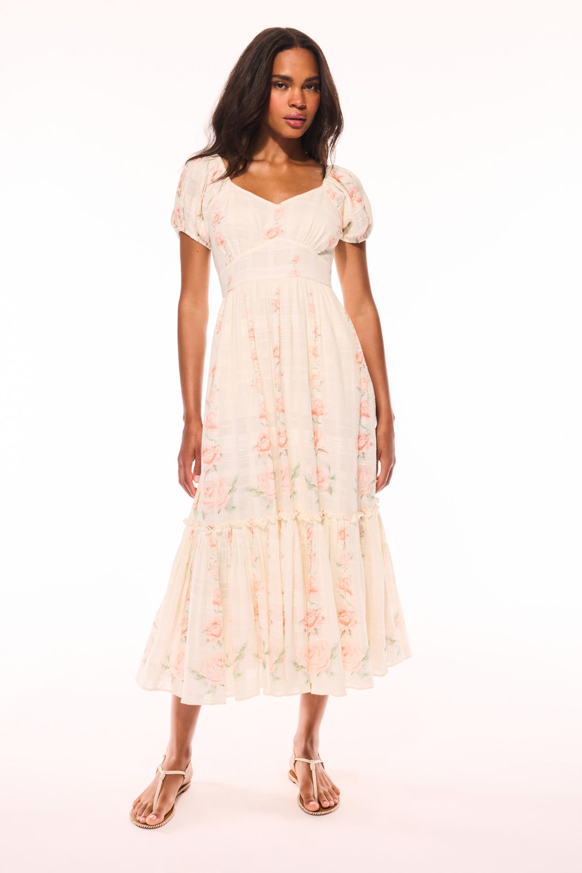 Upcycled cotton midi dress, off-white base with pink floral print, tiered ruffle skirt