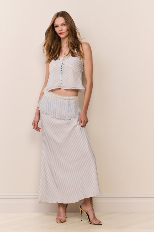Light blue and white vertical stripe chiffon maxi skirt with ruffled waistband and front tiers