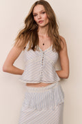 Light blue striped chiffon cami top with lace edging and center button-front