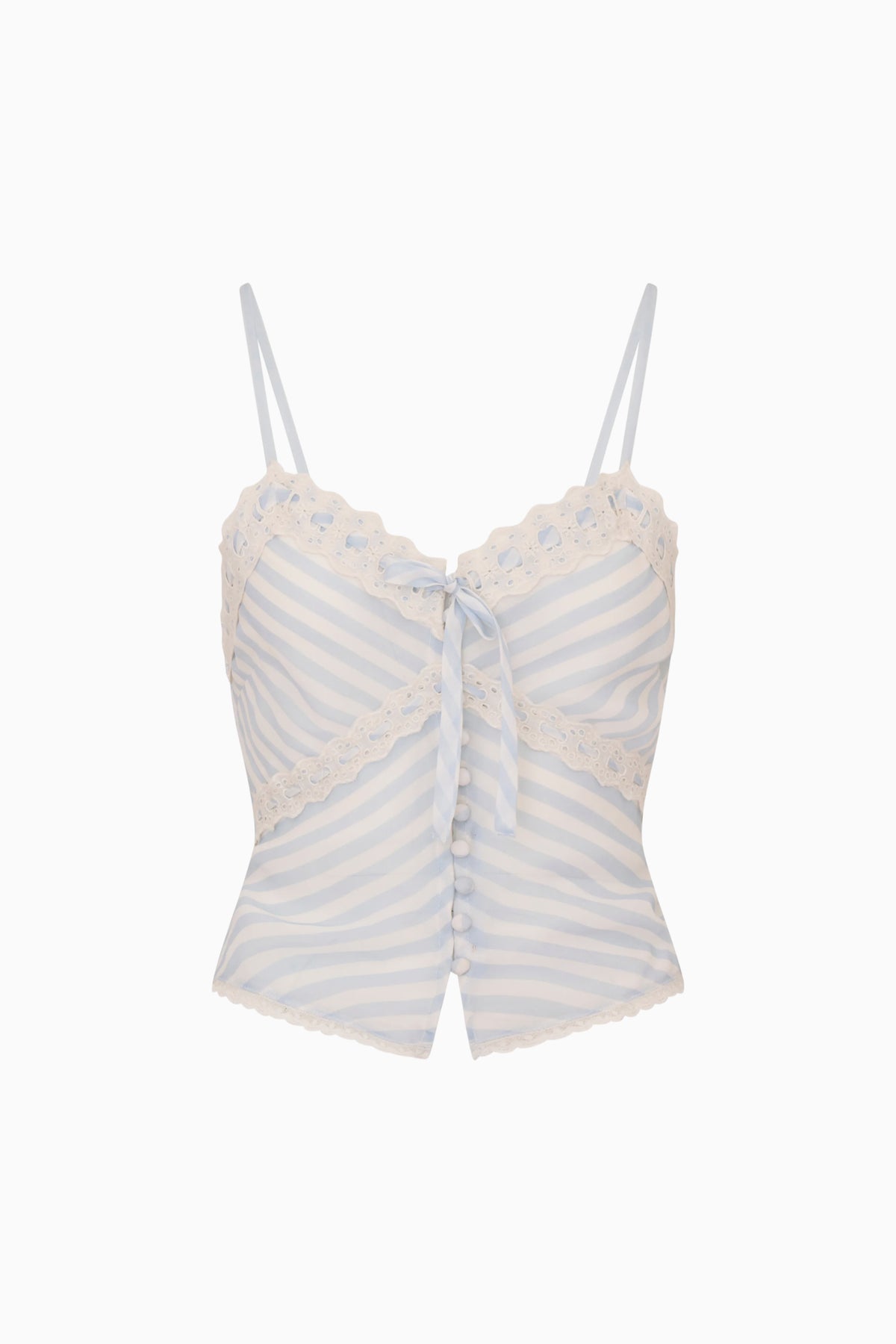 Blue striped chiffon cami top with lace trim, button-front, and adjustable spaghetti straps