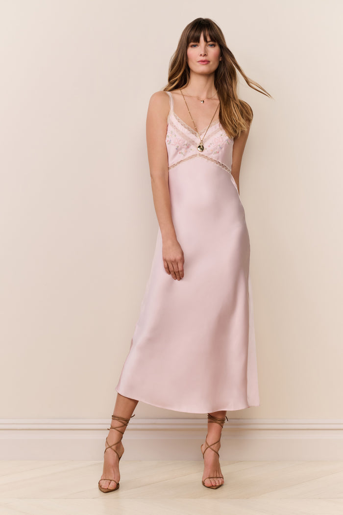 Blush satin midi dress with spaghetti straps and embroidered bust detail