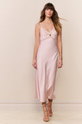 Blush pink satin midi slip dress with delicate embroidery at bust and thin straps